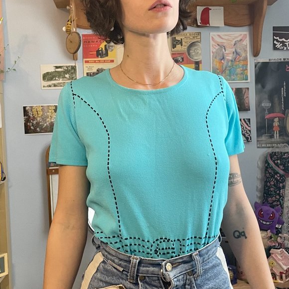 80s Carducci neon blue belt buckle shirt - Picture 3 of 13